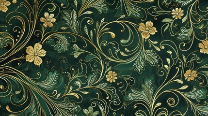 Wall Mural - Generative AI, Deep green floral pattern in the style of art nouveau 1900s, beautiful flowers and plants