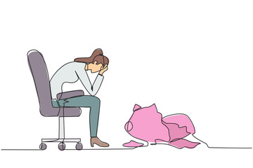 Poster - Single continuous line drawing of businesswoman sits pensively on office chair and in front is a broken piggy bank. Failing to save because have to pay large bills. One line design vector illustration