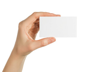 Canvas Print - Woman holding blank business card on white background, closeup. Mockup for design