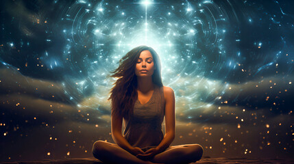Wall Mural - A Spanish woman meditates in the lotus position against a backdrop of starry space, perfect for themes of spirituality, meditation and cosmic unity.