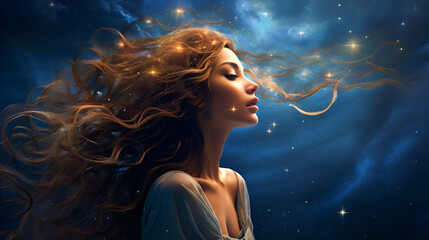 Wall Mural - A portrait of a woman with her eyes closed in a meditative state merges with the cosmic landscape, emphasizing the unity of man with the universe. feminine energy and mental health. copy space