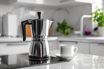 Italian coffee pot on glass ceramic hob next to a coffee cup in white kitchen