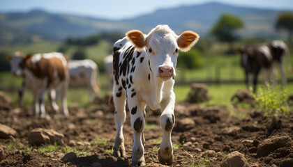 Sticker - Cows grazing in green meadow, enjoying nature beauty generated by AI