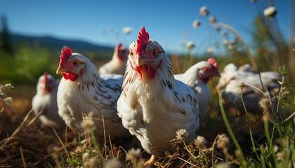 Wall Mural - Healthy eating Fresh, organic meat from free range chickens grazing on a farm generated by AI