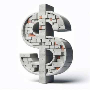 Dollar mark shape created from concrete and briks. AI generated illustration
