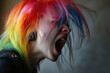 © J S - Beautiful punk girl with rainbow color hair, shouting