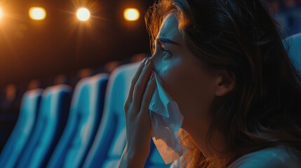 Young woman watches sad movie in cinema and wipes tears with handkerchief
