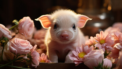 Wall Mural - Cute piglet sitting in meadow, surrounded by flowers and toys generated by AI