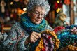 Senior Woman Knitting Colorful Scarf. Generative AI