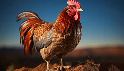 Wall Mural - Majestic rooster standing proud, looking at camera in nature generated by AI