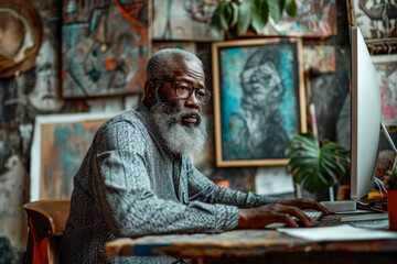 Wall Mural - Old man working on the computer