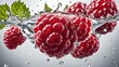 image of raspberries in water, water splashes, fruit juice, food and drinks. image for advertising
