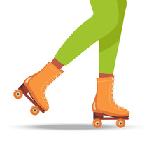 Person Legs With Rollers. Body Part Legs In Roller Skate Trick. Sport, Recreation, Relax, Hobby Theme. Casual Comfortable Shoes, Clothing. Flat Vector Isolated On White Background, Old Fashion Skaters