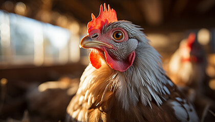 Wall Mural - Proud rooster stands on farm, nature vibrant vitality generated by AI