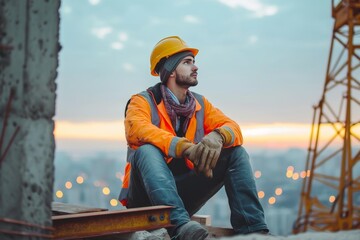 A determined blue-collar worker gazes up at the clear blue sky, donning his hard hat and orange workwear as he prepares to tackle the construction site with his engineering skills