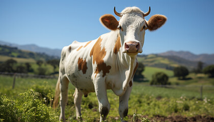 Poster - Cute Holstein cattle grazing on green meadow, standing near fence generated by AI