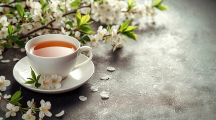 Wall Mural - a cup of tea is on table with floral cherry branches large copyspace area