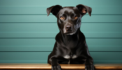 Poster - Cute puppy sitting, looking at camera, black Labrador, alert and focused generated by AI