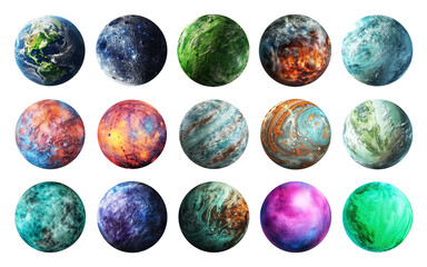 big set of planets isolated on transparent background.