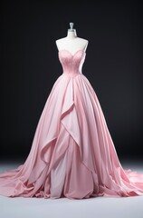 Wall Mural - Light pink wedding dress on a mannequin on black background.
