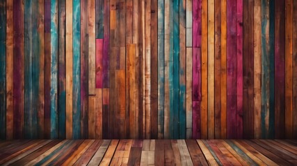 Grungy colorful wood strips. Wooden wall or floor of color full wood planks. Colorful spectrum of wood background. Hand edited generative AI.