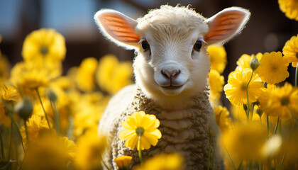 Wall Mural - Cute young goat grazing in green meadow, looking at camera generated by AI