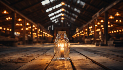 Wall Mural - Glowing lantern illuminates old wooden table in rustic home generated by AI