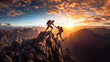© O-CAP - Two people climbing a mountain with backpacks on. One person helps another person. The sun is rising in the background.