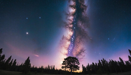 Wall Mural - glowing tree in a dreamy forest full of bright colors with galaxy sky, nighttime, fantasy artwork, i