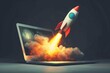© PhotoPhantom - Illustration of a vibrant rocket exiting a laptop screen, symbolizing powerful technology launch.