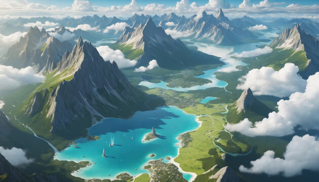 Fantasy world map, aerial view, mountains and clouds