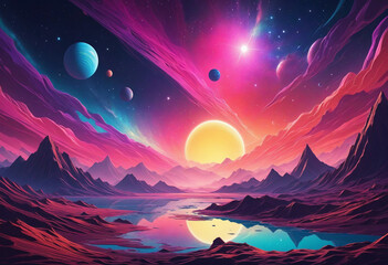 Wall Mural - Colorful abstract background of different planet with mountains. Starfield illustration. Neon nebula. Generative AI