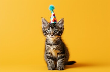 Wall Mural - a kitten wearing a party hat on a yellow surface