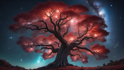 Wall Mural - colorful red glowing tree in a magical forest full of bright colors with stars overhead, nighttime, 