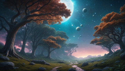 Wall Mural - Trees, epic fantasy forest, epic landscape, space background, vibrant fantasy background
