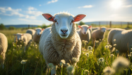 Sticker - Cute lamb grazing on green meadow, nature beauty captured generated by AI