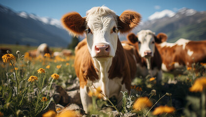 Wall Mural - Cute cow grazing in green meadow, enjoying the summer generated by AI