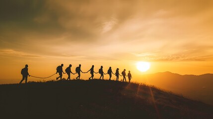 Walkers silhouetted against the sky celebrating reaching the top