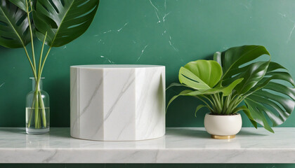 Wall Mural - white marble stone counter table, tropical monstera plant in sunlight on green wall background for fresh organic cosmetic, luxury skin care, beauty product presentation