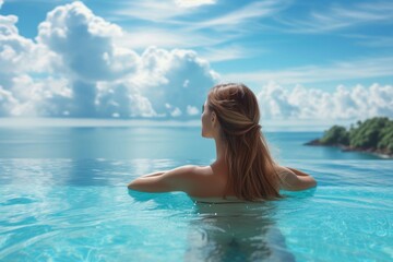 Wall Mural - a picturesque scene of a young woman lounging in a pool