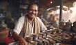 Portrait of aged calm smiling face of old Hindu Man selling a various spices in shop on the indian street market. Agriculture industry, food industry, working people and traveling concept image.
