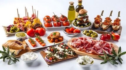 Wall Mural - Cicchetti, Italian tapas made with itlian ham and cheeses, tomatoes and olives laid out on a table