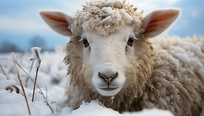 Sticker - Cute lamb grazing in snowy meadow, surrounded by nature generated by AI