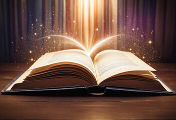 Open magical book with glowing lights over pages on abstract background. Fantasy reading. Created with Generative AI