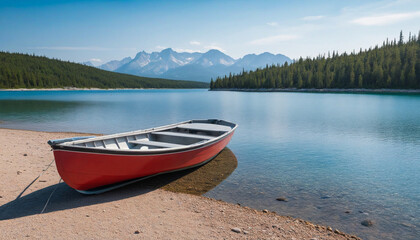  Boat on the shore of a lake, rocky shore, mountains in the distance, landscape photography
