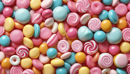 Wall Mural - Realistic Different Types Of Candies In 3D, Candies Texture Concept, With Marshmallows, Lollipops, Sugared Almonds, Fruity Candies, Jelly Candies. Colorful Sweet Candies