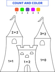 Wall Mural - Count and color cute castle. Math game for kids. Doodle illustration isolated on white background.