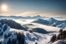 A Stunning Landscape Showcasing Layers Of Mountains Under The Morning Sun, With Winter Fog Weaving Through The Valleys, Creating A Mystical Atmosphere.