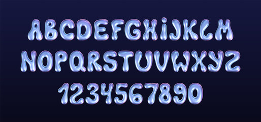 Wall Mural - 3d holographic liquid font in y2k style isolated on a dark background. Render of 3d neon inflated iridescent alphabet and numbers with rainbow effect. 3d vector y2k hologram set of letters