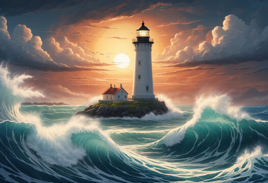 A lighthouse in the middle of the sea with big waves around. Dramatic but beauty view. Sunset background. Generative AI